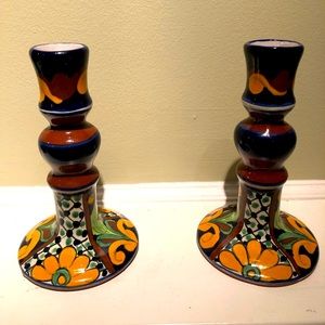 Set of 2 Hand painted Mexican candlesticks. TALAVERA